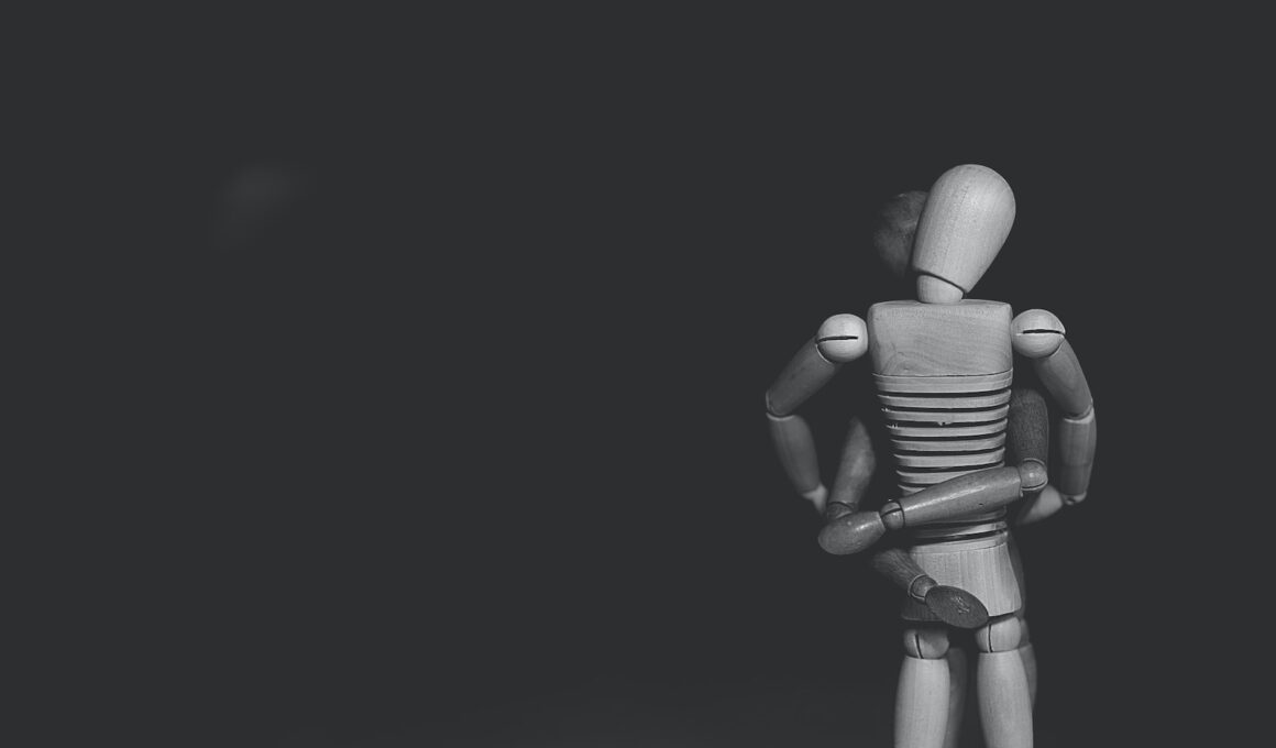 grayscale photo of joint action figure hugging one another